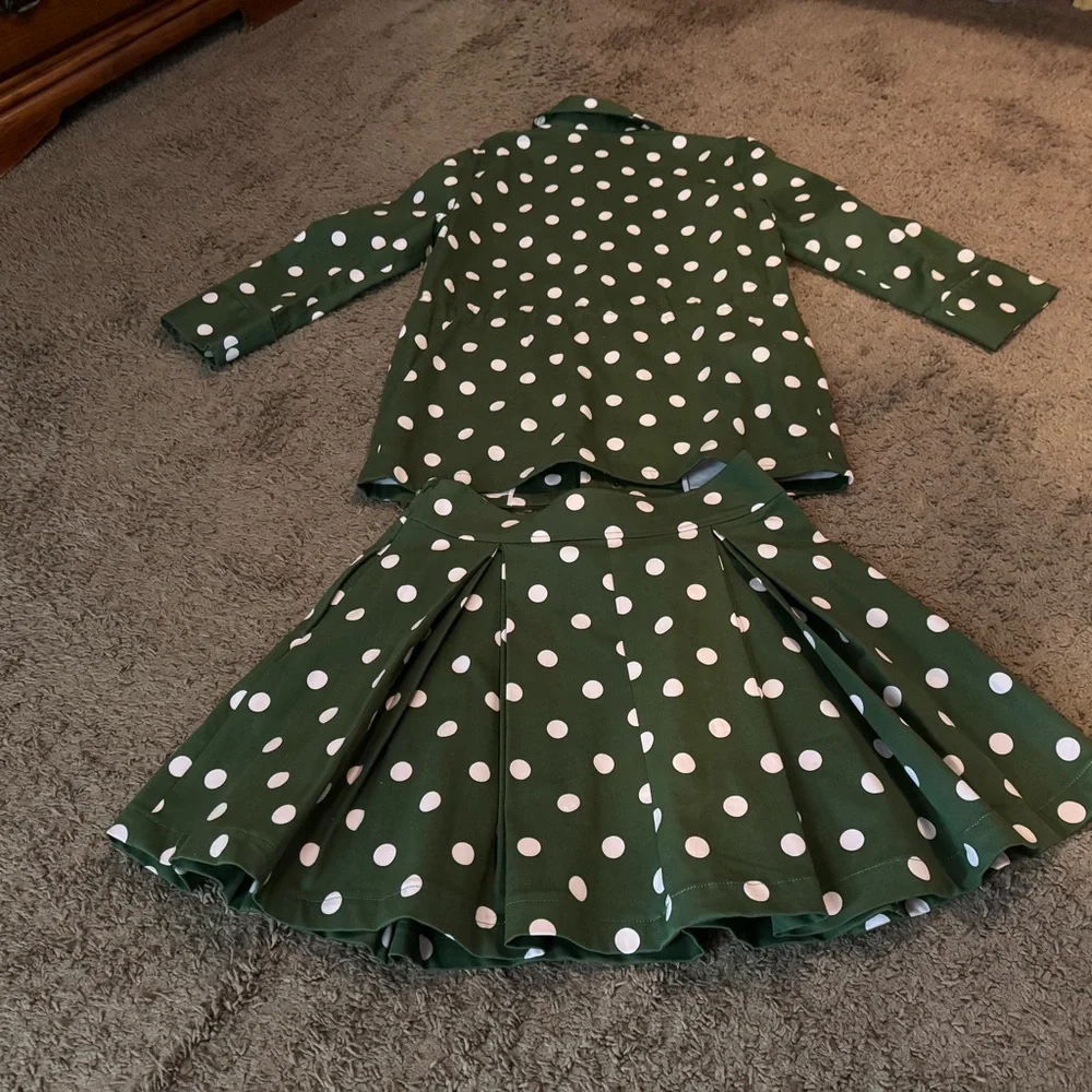 Halogen x Atlantic Pacific Green Polka Dot Skirt Suit Set Jacket Circle Skirt M - Picture 12 of 12